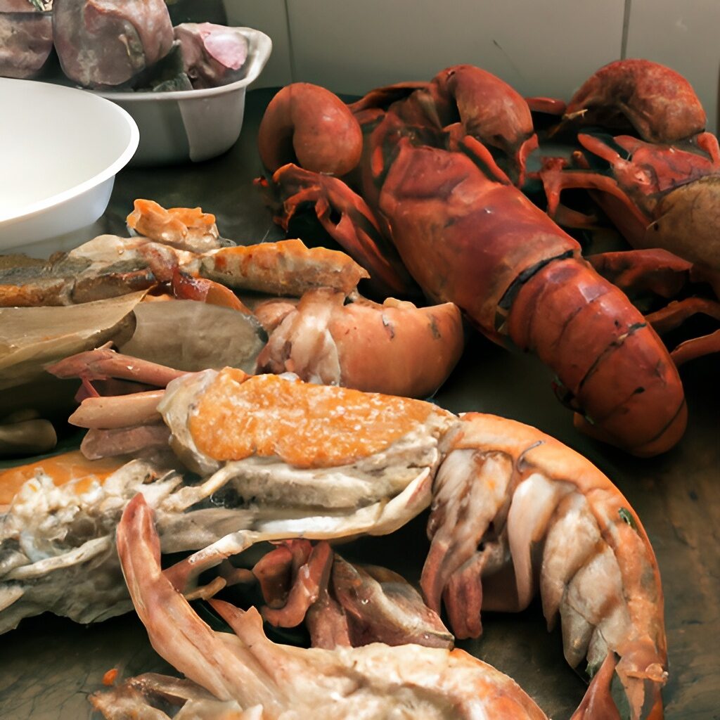 einige Meeresfrüchte wie Hummer und Krabben auf einem Tisch