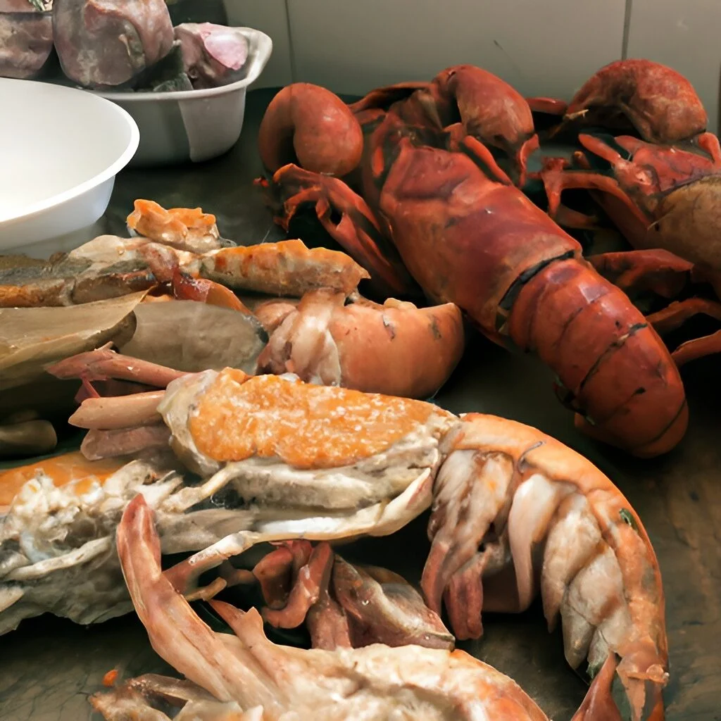Kreuzallergie Nahrungsmittel einige Meeresfrüchte wie Hummer und Krabben auf einem Tisch