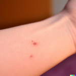 Milbenbisse auf der Haut, an einem Arm, zu sehen sind kleine rote Punkte und wunde Hautstellen