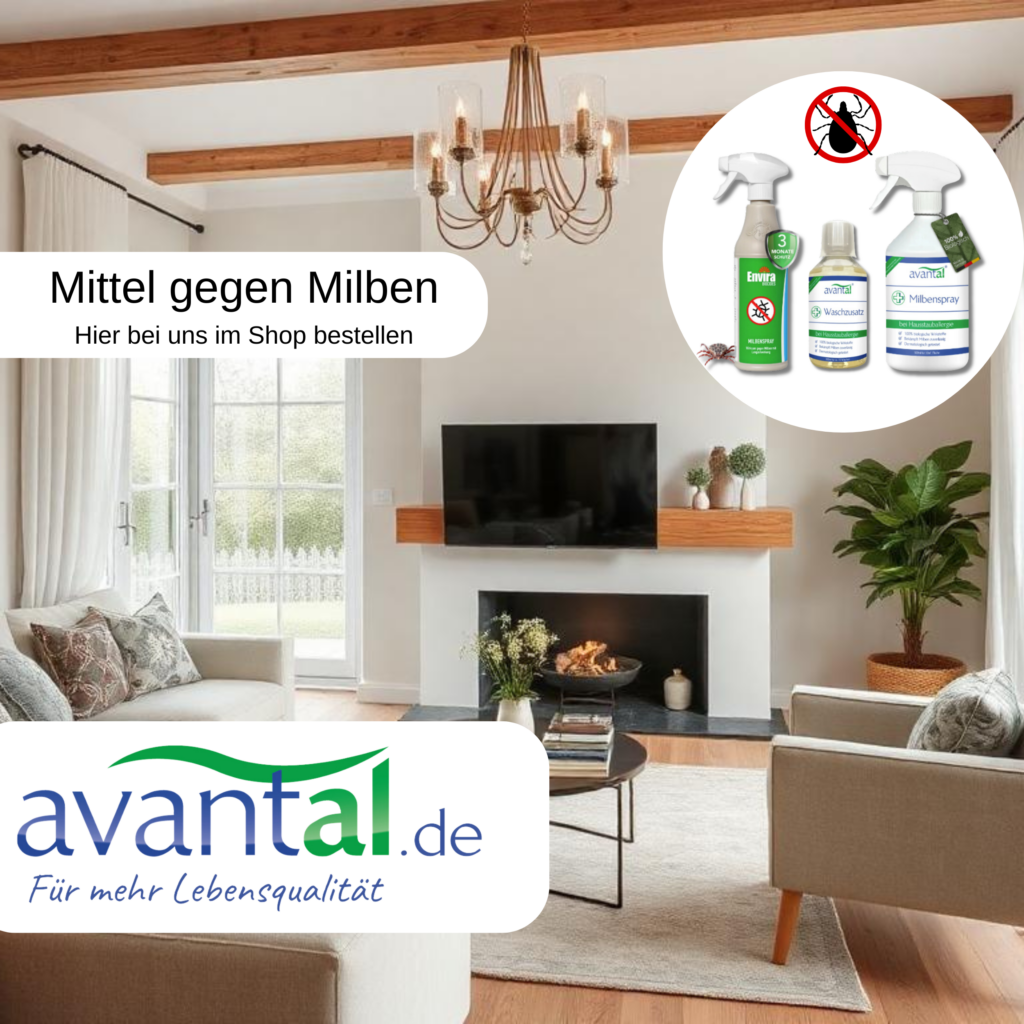 Mittel gegen Milben Das Bild zeigt Mittel gegen Milben vor dem Hintergrund eines schönen sauberen Wohnzimmers