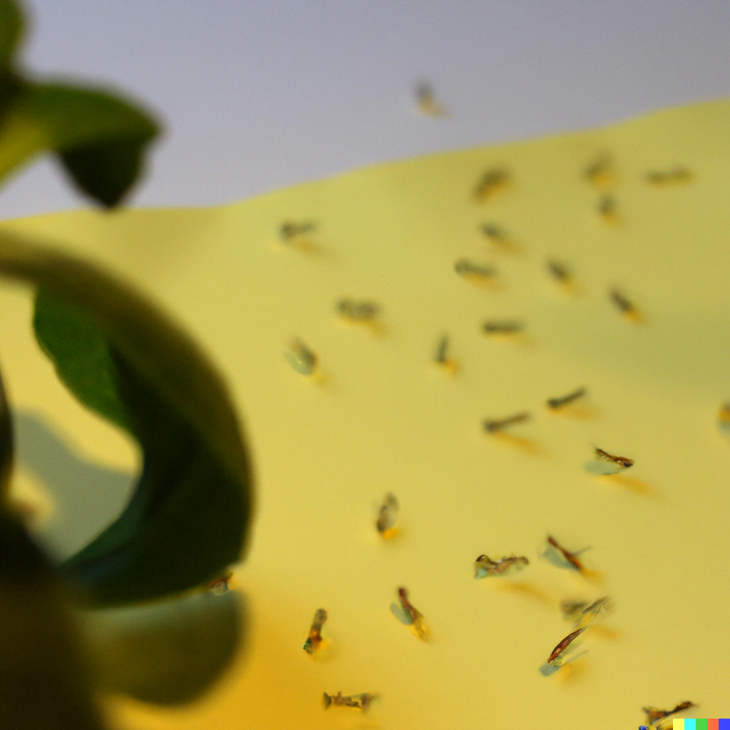 Trauermücken auf einem gelben papier vor einer Zimmerpflanze