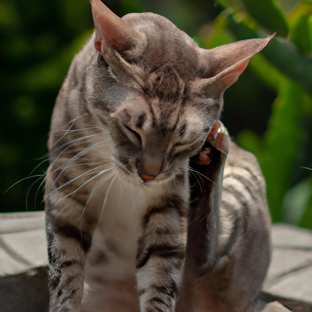 Eine Katze kratzt sich am Ohr