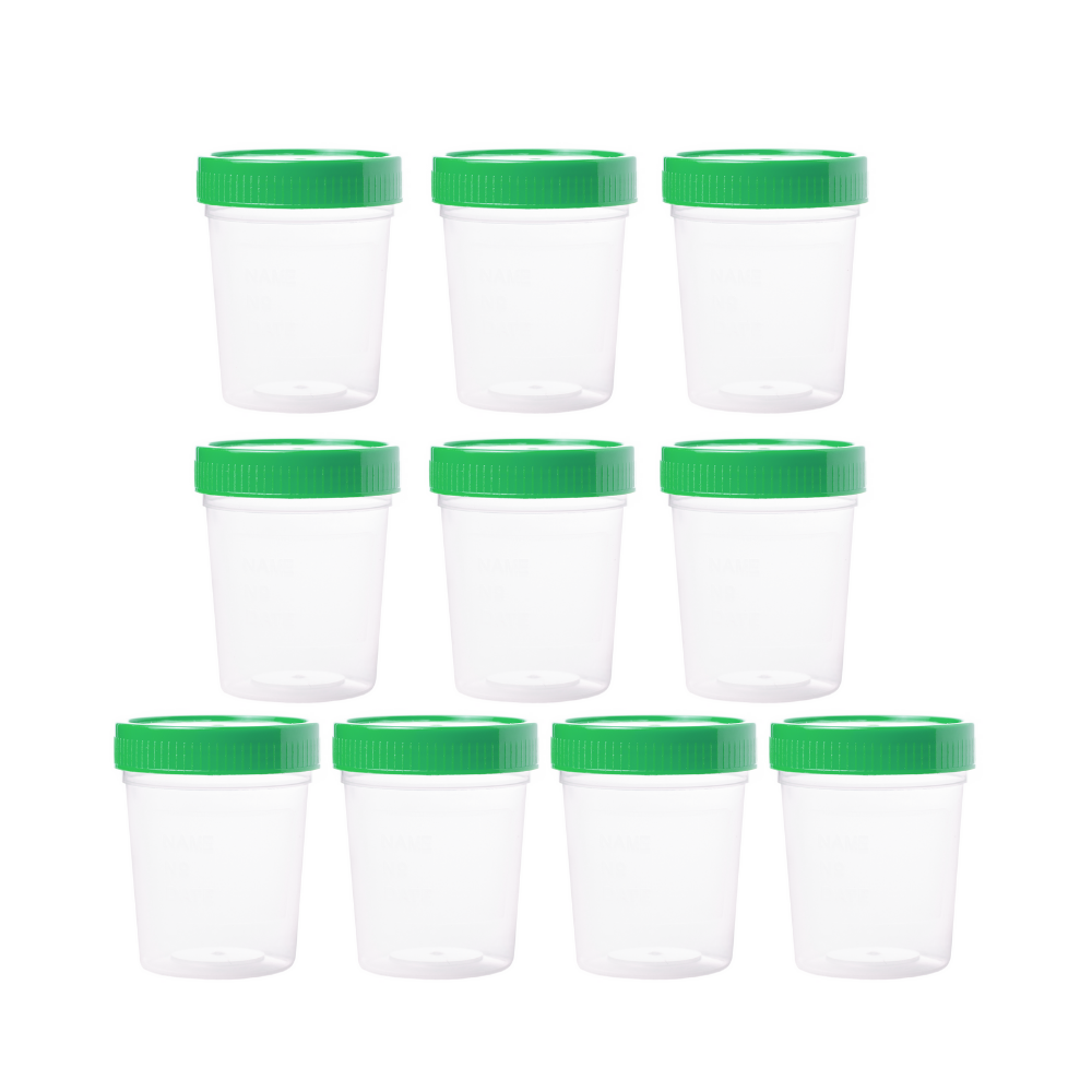 Urinbecher hochwertig 10 Stück | 125 ml Fassungsvermögen bis 100 ml graduiert | auslaufsicherer und gefriertauglicher Urinprobenbecher mit grünem Schraubdeckel |