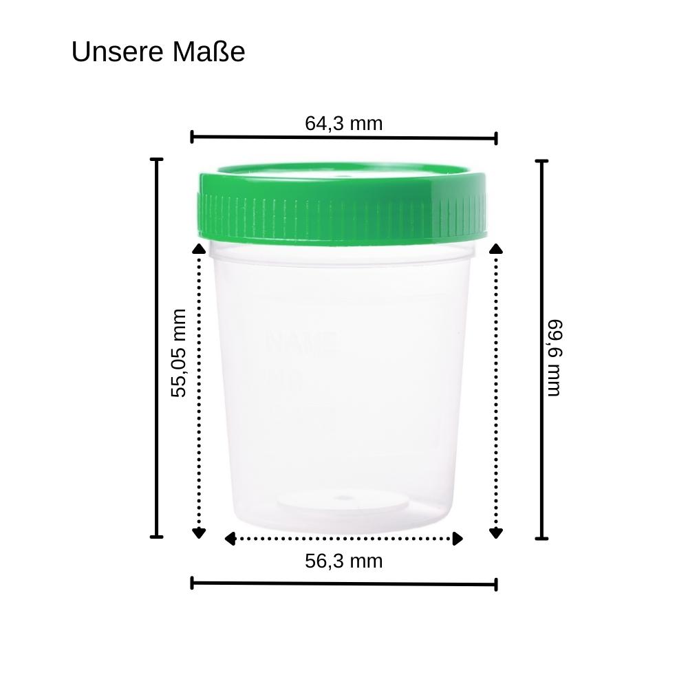 Urinbecher hochwertig Maße | 125 ml Fassungsvermögen bis 100 ml graduiert | auslaufsicherer und gefriertauglicher Urinprobenbecher mit grünem Schraubdeckel |.jpg
